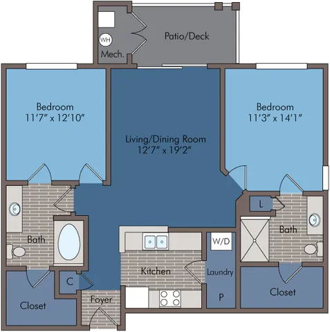 Modern floor plan with 2 spacious bedrooms, open living/dining area, sleek kitchen, patio, and two bathrooms.