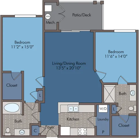 Charming floor plan with 2 cozy bedrooms, spacious living/dining area, modern kitchen, and inviting patio/deck.
