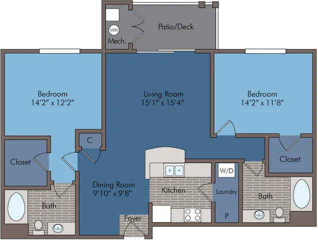 Elegant floor plan showcasing 2 spacious bedrooms, a bright living room, modern kitchen, and a cozy dining area with access to a patio.