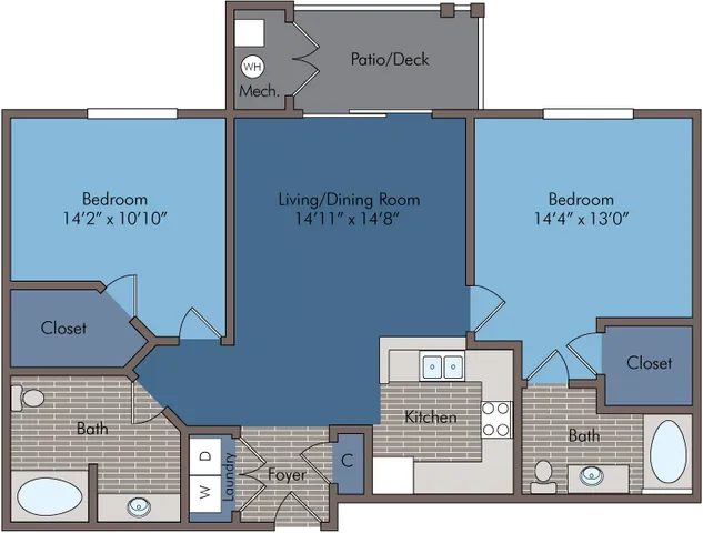 Elegant 2D floor plan showcasing 2 spacious bedrooms, open-concept living/dining area, modern kitchen, and a cozy patio/deck.