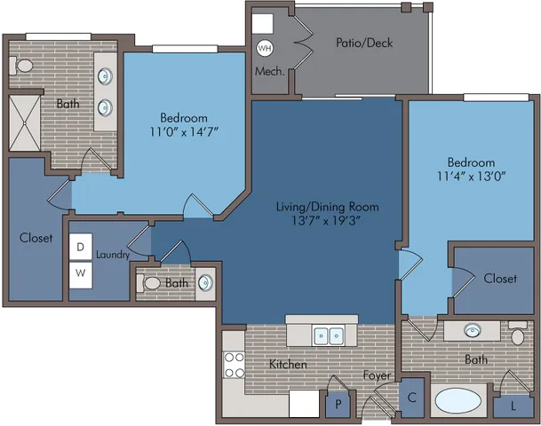 Elegant floor plan featuring 2 spacious bedrooms, open-concept living and dining area, stylish kitchen, laundry space, 2 bathrooms, and a private patio.