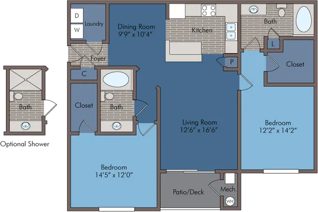Modern floor plan featuring 2 spacious bedrooms, a stylish kitchen, dual bathrooms, and a cozy living room with access to a patio deck.