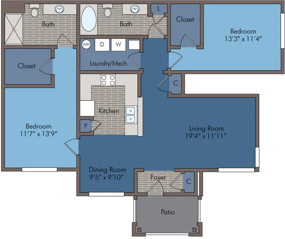 Elegant floor plan showcasing 2 bedrooms, 2 baths, spacious living and dining areas, modern kitchen, and a cozy patio.