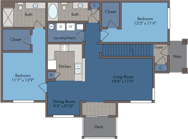 Elegant floor plan with 2 bedrooms, spacious living room, and a modern kitchen, featuring a deck and patio access.