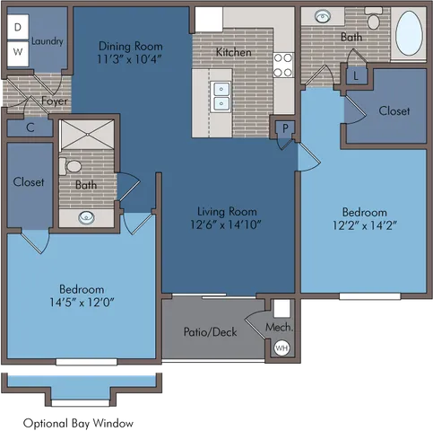 Modern apartment floor plan showcasing 2 bedrooms, spacious living room, and a stylish kitchen with an inviting patio.