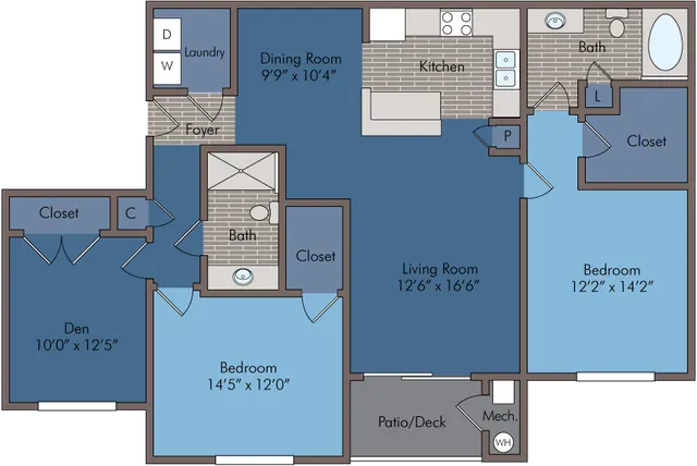 Modern floor plan featuring two bedrooms, a spacious living room, a den, and an open kitchen with a dining area. Includes laundry, two baths, and a cozy patio/deck.