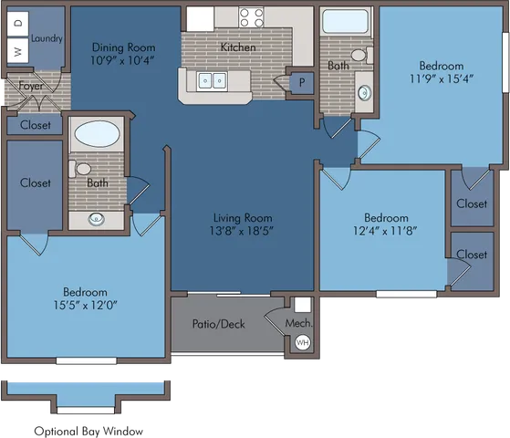 Elegant floor plan showcasing 3 bedrooms, spacious living room, modern kitchen, and a cozy patio area.
