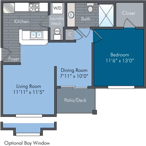 Modern floor plan showcasing 1 bedroom, spacious living and dining areas, a fully-equipped kitchen, and a private patio/deck.
