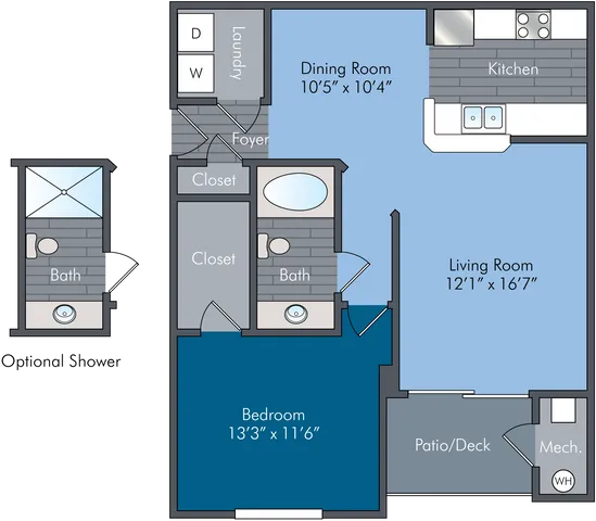 Modern floor plan featuring 1 spacious bedroom, 2 bathrooms, an open living and dining area, stylish kitchen, and a cozy patio/deck.