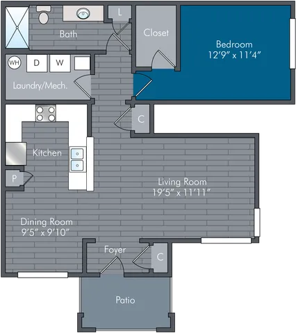 Modern floor plan featuring a spacious 1-bedroom layout with a large living room, open kitchen, and a cozy patio.