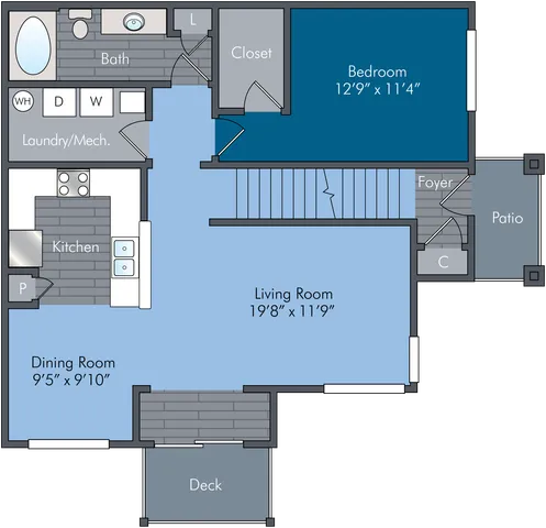 Charming floor plan featuring a cozy bedroom, inviting living room, modern kitchen, and relaxing patio with adjacent deck.