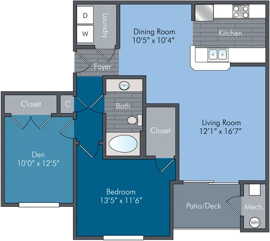 Modern apartment floor plan featuring a spacious bedroom, cozy den, open living and dining area, and well-equipped kitchen with adjacent patio.