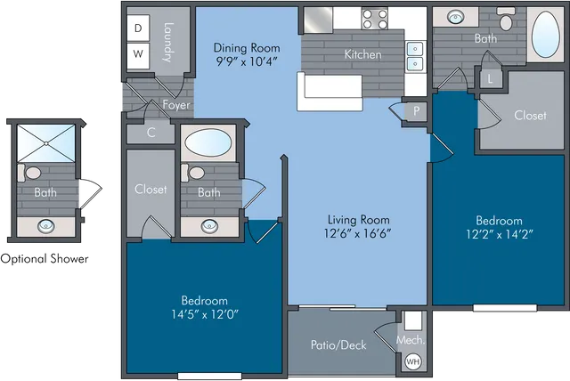 Modern 2D floor plan showcasing two spacious bedrooms, a large living area, open kitchen, cozy dining room, and inviting patio.