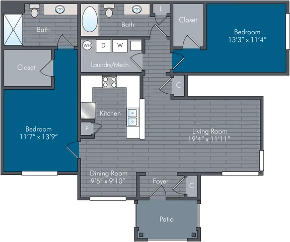 Modern 2-bedroom apartment floor plan featuring a spacious living room, well-equipped kitchen, dining area, two bathrooms, and a private patio.