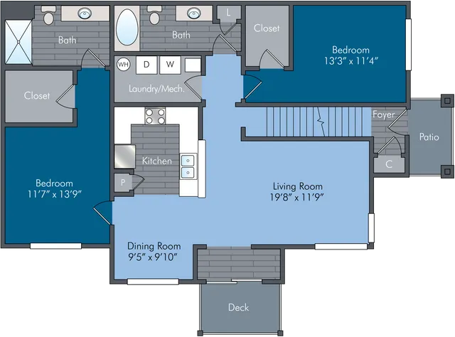 Inviting 2D floor plan showcasing 2 spacious bedrooms, a bright living room, modern kitchen, and a cozy dining room, complete with deck and patio access.
