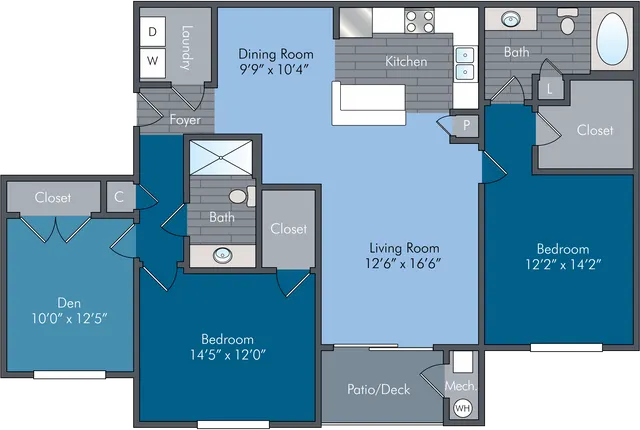 Modern floor plan featuring a spacious living room, two bedrooms, a cozy den, stylish kitchen, dining area, and two bathrooms. Includes a convenient patio deck and in-home laundry room.
