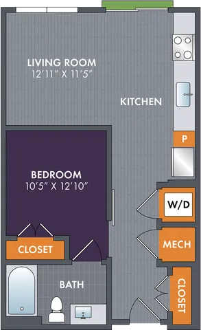 2D floor plan of the Bronze studio apartment at Abberly Foundry by HHHunt in Nashville, TN, showing the apartment layout, living and sleeping area, kitchen, bathroom, and storage.