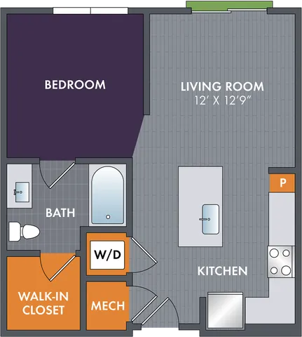 2D floor plan of the Cobalt studio apartment at Abberly Foundry by HHHunt in Nashville, TN, showing the apartment layout, living and sleeping area, kitchen, bathroom, and storage.