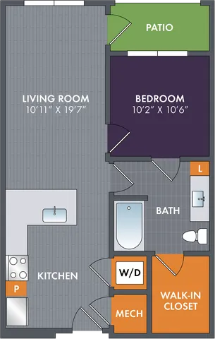 2D floor plan of the Copper one-bedroom, one-bath apartment at Abberly Foundry by HHHunt in Nashville, TN, showing the apartment layout, living area, kitchen, bedroom, bathroom, and storage.