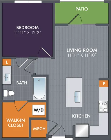 2D floor plan of the Gold one-bedroom, one-bath apartment at Abberly Foundry by HHHunt in Nashville, TN, showing the apartment layout, living area, kitchen, bedroom, bathroom, and storage.