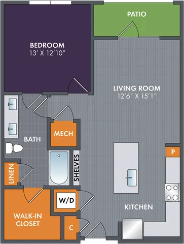 2D floor plan of the Nickel one-bedroom, one-bath apartment at Abberly Foundry by HHHunt in Nashville, TN, showing the apartment layout, living area, kitchen, bedroom, bathroom, and storage.