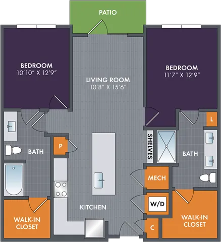 2D floor plan of the Palladium two-bedroom, two-bath apartment at Abberly Foundry by HHHunt in Nashville, TN, showing the apartment layout, living areas, kitchen, bedrooms, bathrooms, and storage.