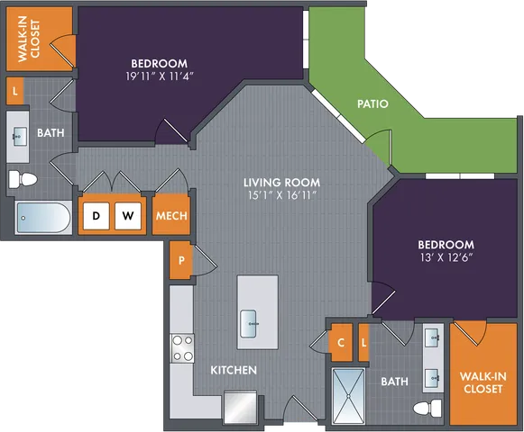 2D floor plan of the Silver one-bedroom, one-bath apartment at Abberly Foundry by HHHunt in Nashville, TN, showing the apartment layout, living area, kitchen, bedroom, bathroom, and storage.