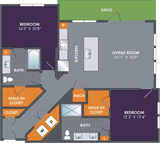 2D floor plan of the Steel two-bedroom, two-bath apartment at Abberly Foundry by HHHunt in Nashville, TN, showing the apartment layout, living areas, kitchen, bedrooms, bathrooms, and storage.