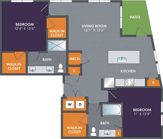 2D floor plan of the Titanium two-bedroom, two-bath apartment at Abberly Foundry by HHHunt in Nashville, TN, showing the apartment layout, living areas, kitchen, bedrooms, bathrooms, and storage.