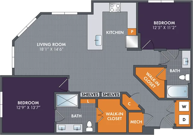 2D floor plan of the Tungsten two-bedroom, two-bath apartment at Abberly Foundry by HHHunt in Nashville, TN, showing the apartment layout, living areas, kitchen, bedrooms, bathrooms, and storage.
