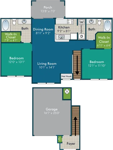 Spacious apartment floor plan with 2 bedrooms, open living room, and modern kitchen. Features dual walk-in closets, porch, garage, and dining room for stylish living.
