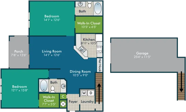 Inviting floor plan showcasing 2 spacious bedrooms, elegant living area, versatile kitchen, and a generous garage space.