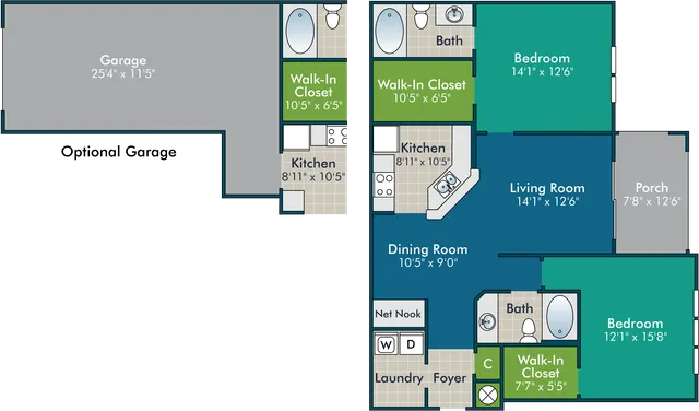 Inviting floor plan showcasing two bedrooms, spacious living and dining areas, two modern kitchens, convenient walk-in closets, and a generous garage space.