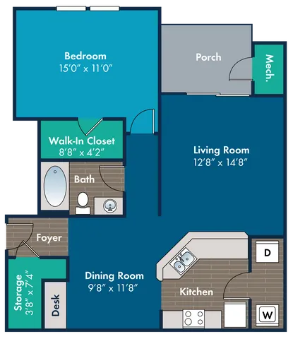 Modern floor plan showcasing a spacious 1-bedroom layout with a walk-in closet, airy living room, dining area, and functional kitchen, complemented by a relaxing porch.