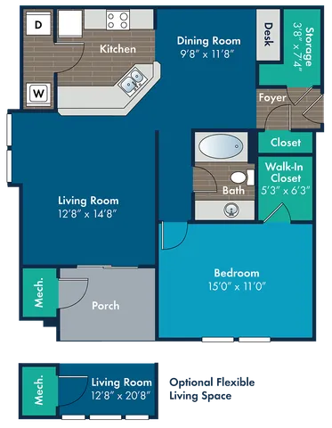 Inviting floor plan featuring a spacious bedroom, modern kitchen, and vibrant living room with optional flexible space.