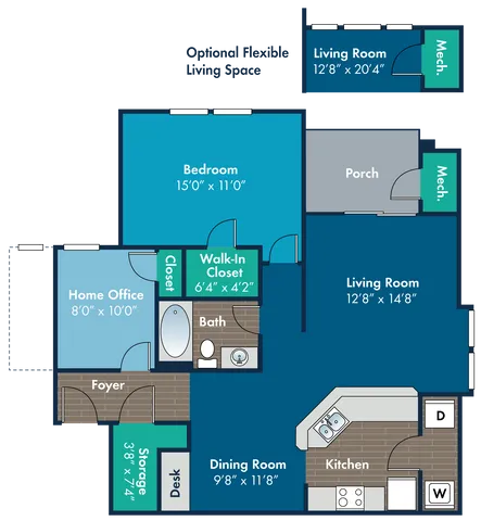 Modern floor plan featuring one bedroom, spacious living area, and versatile home office space. Includes a dining room, kitchen, walk-in closet, and optional flexible living space.