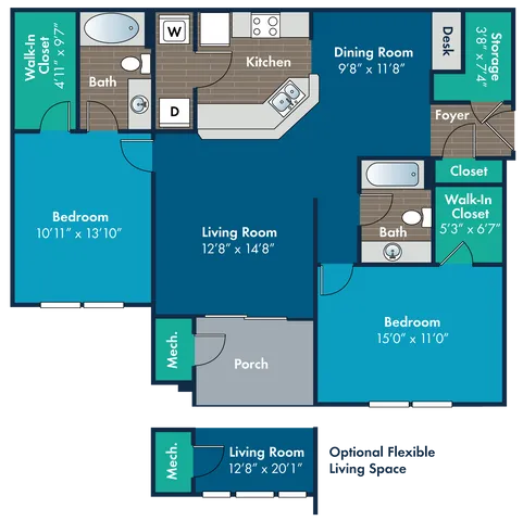 Modern floor plan showcasing two spacious bedrooms with walk-in closets, an open living room, dining area, and a stylish kitchen, complete with optional flexible living space and porch.
