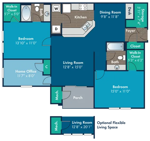 Modern floor plan featuring two spacious bedrooms with walk-in closets, versatile home office, open-concept living room, and inviting kitchen with dining area. Includes optional flexible living space and ample storage.