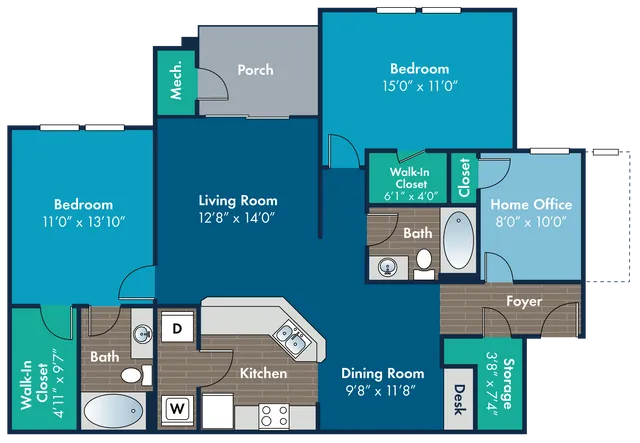 Spacious floor plan featuring 2 bedrooms, a functional home office, and open living space with a modern kitchen and dining area, complemented by two baths and a cozy porch.