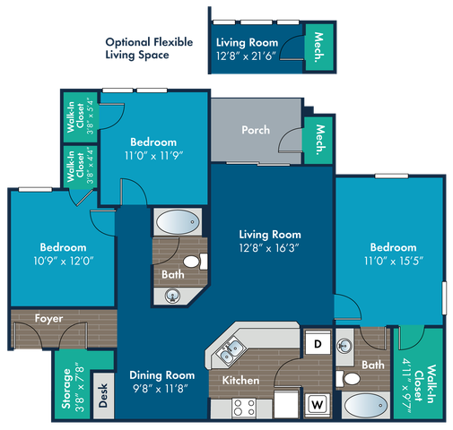 Contemporary floor plan featuring three spacious bedrooms, two living rooms, a modern kitchen, dining area, and additional storage; perfect for flexible living.