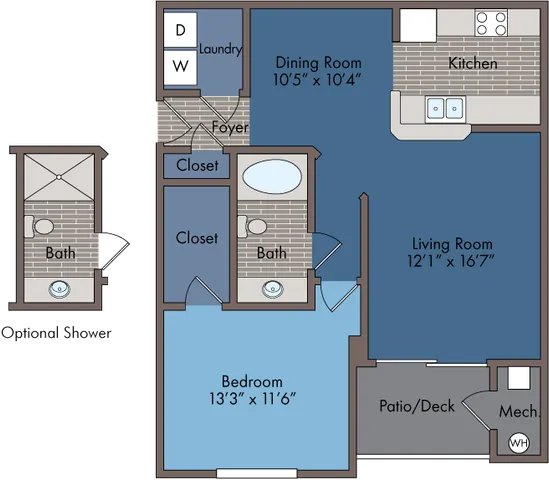 Modern apartment floor plan featuring 1 spacious bedroom with closets, 2 stylish bathrooms, a sleek kitchen, and an open-concept living and dining area leading to a patio.
