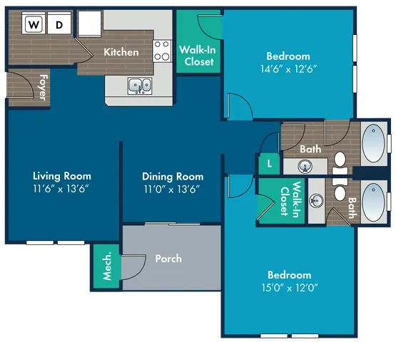 Contemporary floor plan with 2 spacious bedrooms, walk-in closets, and sleek kitchen layout. Enjoy open-concept living and dining areas with easy porch access.