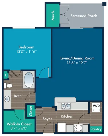 Elegant floor plan of a 1-bedroom, 1-bath apartment featuring a spacious living/dining room, modern kitchen with pantry, convenient walk-in closet, and a charming screened porch.