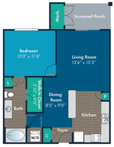 Charming floor plan with 1 bedroom, spacious living room, dining area, and screened porch, featuring modern kitchen layout and ample storage.