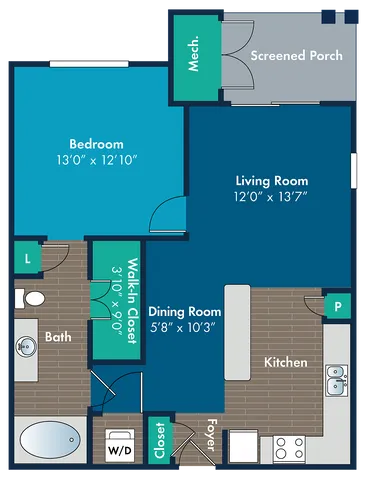 Inviting floor plan showcasing a spacious 1-bedroom apartment with open living room, modern kitchen, dining area, and cozy screened porch.