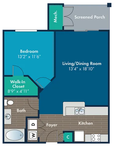 Modern floor plan featuring a spacious living/dining room, cozy bedroom with walk-in closet, and a screened porch.