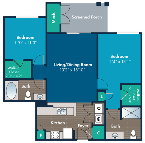 Modern floor plan showcasing 2 bedrooms with walk-in closets, a spacious living/dining area, elegant kitchen, and screened porch.
