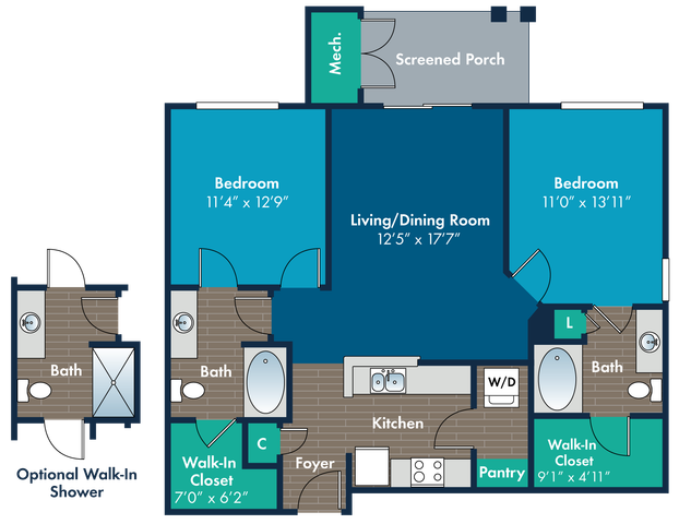 Modern 2D floor plan with 2 spacious bedrooms, open living/dining area, stylish kitchen, and a screened porch. Features two luxurious baths, ample walk-in closets, and convenient pantry space.
