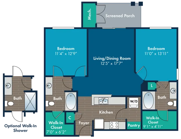 Modern two-bedroom floor plan with a spacious living/dining area, functional kitchen, two bathrooms, and cozy screened porch. Includes optional walk-in shower and walk-in closets for ample storage.