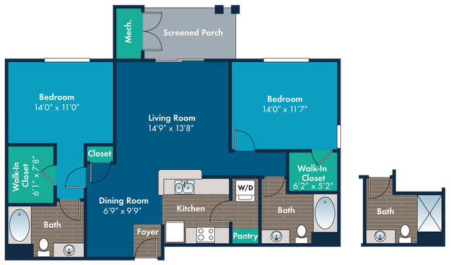 Modern floor plan featuring 2 spacious bedrooms, open living and dining area, well-equipped kitchen, walk-in closets, and screened porch.